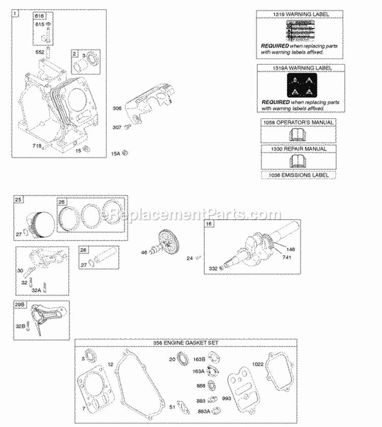 Camshaft Crankshaft Cylinder Piston Group Diagram and Parts List for 121002-0147-H8  Briggs and Stratton Engine